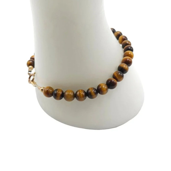 14k Gold Filled Tiger Eye Round Shape Beads Bangle Bracelet Vintage - Picture 2 of 5